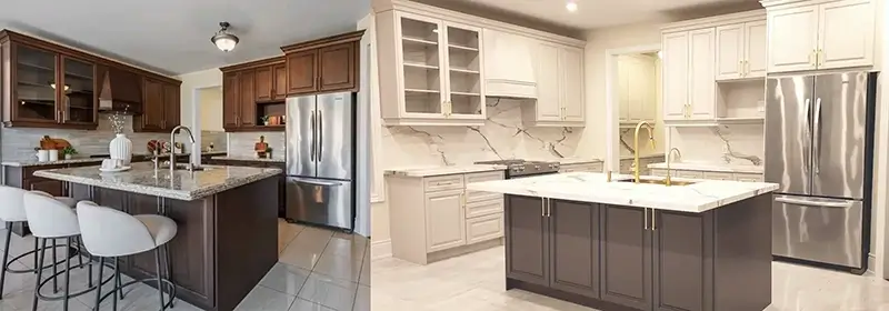 Kitchen cabinet painting before and after - Maple Wood to Alabaster White in Richmond Hill